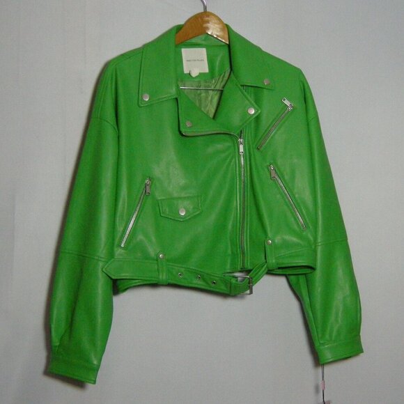 Avec Les Filles Moto Jacket Faux Leather Cropped Kelly Green Size Large New NWT - Picture 2 of 5